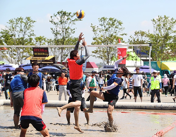 2017 화성 뱃놀이 축제에서 열린 머드 발리볼대회에 시민들이 온 몸을 던지며 명승부를 펼치고 있다. 축제는 오는 4일까지 전곡항에서 열리며, 프로그램 및 공연과 관련한 자세한 사항은 ‘2017 화성 뱃놀이 축제’홈페이지(www.hs-festival.co.kr)에서 확인할 수 있다.  