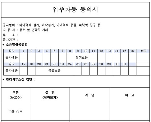 용인시 수지구, 아파트 내 공사 소음 내용과 시기 명시 동의서 양식 도입