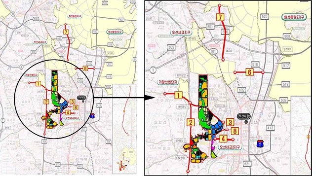 ▲ 세교2지구 광역교통개선대책 도면 : 1.청학~가장간 도로확포장 / 2.서부우회도로 / 3.오산역 환승주차장 연계 / 4.경부선철도횡단도로 개설 / 5.용인~서울간 고속국도 사업비지원 / 6.세교지구~지방도317호선 / 7.세교~동탄간도로 / 8.오산역 환승주차장 건설 (자료:오산시)
