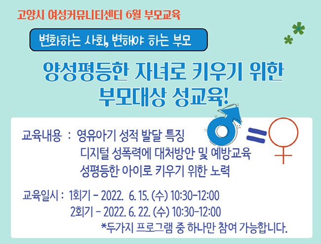 고양시 여성커뮤니티센터, ‘양성평등 자녀로 키우기 위한 부모 교육’ 실시